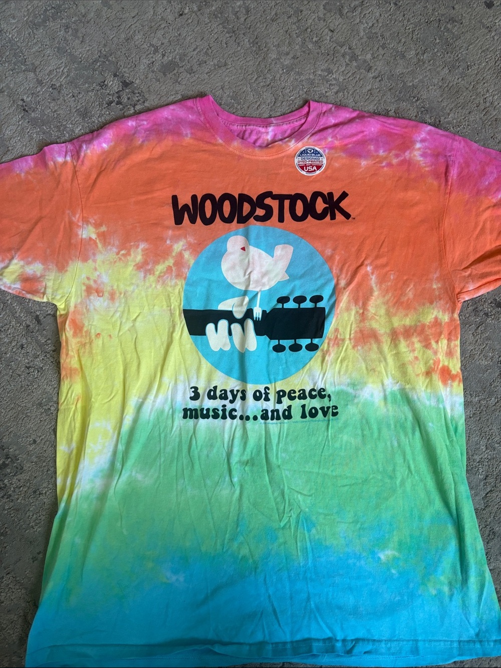 2016 Woodstock Tie-Dye Graphic Tee - Pink Orange Yellow Green Blue